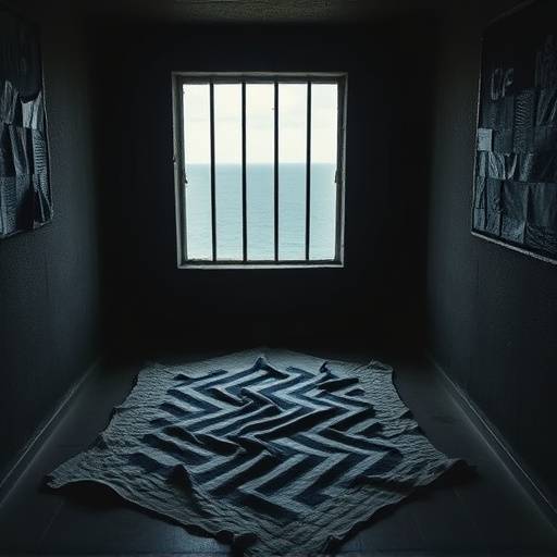 Una celda en Robben Island, con una manta en el suelo y una vista al mar.